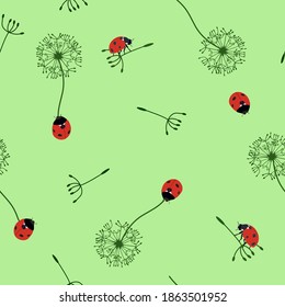 Seamless summer vector illustration with ladybug and dandelion on a green background. For decoration of textiles, packaging and web design.