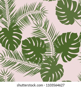 Seamless summer vector illustration with leaves of monsters and palm trees. For decorating textiles, packaging and wallpaper.