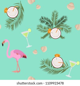 Seamless summer vector illustration with leaves of a palm tree, flamingos and cocktails. For decoration of textiles, packaging and web design.