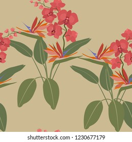 Seamless summer vector illustration with orchids and strelitzia on beige background. For decoration of textiles, packaging, wallpaper.