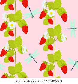 Seamless summer vector illustration with strawberry and dragonfly berries on a pink background. For decorating textiles, packaging and wallpaper.