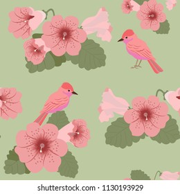 Seamless summer vector illustration with tropical flowers and birds. For decoration of textiles, packaging and web design.