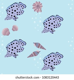 Seamless summer vector illustration of an underwater world with tropical fish and seashells on a blue background. For decorating textiles, packaging and wallpaper.