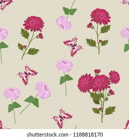 Seamless summer vector illustration with zinnia, asters and butterflies. For decorating textiles, packaging, web design.