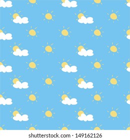 Seamless summer vector pattern, background or texture with yellow sun and white clouds on blue sky background. For web design, desktop wallpaper or blog website. 
