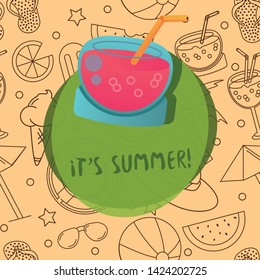 Seamless summer vector pattern with beach elements - cocktails, sunglasses, watermelons, ice creams