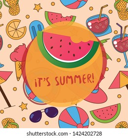 Seamless summer vector pattern with beach elements - cocktails, sunglasses, watermelons, ice creams