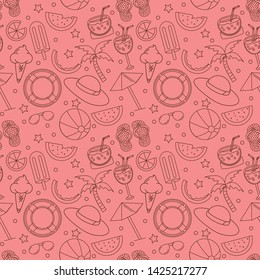 Seamless summer vector pattern with beach elements - cocktails, sunglasses, watermelons, ice creams