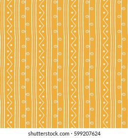 Seamless summer vector pattern. Beige white and blue vertical twigs lines and zigzags with circles on yellow background. Hand drawn abstract branch textile illustration 
