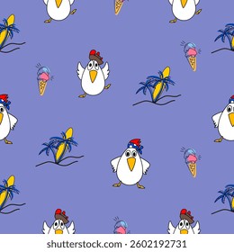 seamless summer vector pattern with cartoon chicken.