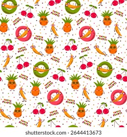 Padrão de vetor de verão sem costura com abacaxis bonitos, cerejas, bananas, anéis flutuantes. Desenho animado divertido com pontos coloridos e texto Tutti Frutti. Para crianças e produtos de verão, tecido, têxtil, envoltório