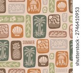 Seamless summer vector pattern featuring hand-drawn tropical square icons, including palm trees, pineapples, shells, ocean waves, leaves, huts, and coastal elements. Warm earthy color palette with a retro, boho, and mid-century modern feel. Perfect for textile design, fabric printing, wallpapers, wrapping paper, packaging, stationery, home decor, surface pattern design, and summer-themed branding projects.