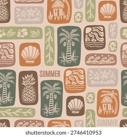 Seamless summer vector pattern featuring hand-drawn tropical square icons, including palm trees, pineapples, shells, ocean waves, leaves, huts, and coastal elements. Warm earthy color palette with a retro, boho, and mid-century modern feel. Perfect for textile design, fabric printing, wallpapers, wrapping paper, packaging, stationery, home decor, surface pattern design, and summer-themed branding projects.