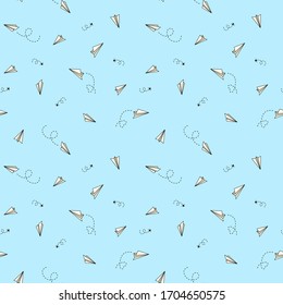 Seamless summer vector pattern with paper planes and flies, bright and simple design