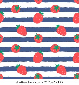 Seamless summer vector pattern, strawberries with blue stripes on a white background.