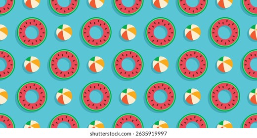 Seamless summer vector pattern. Swimming rings in the form of watermelons, ball for outdoor games.
