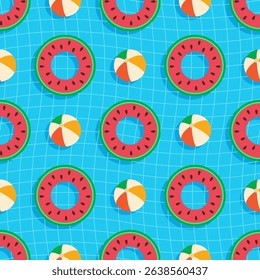 Seamless summer vector pattern. Swimming rings in the form of watermelons, ball for pool games.