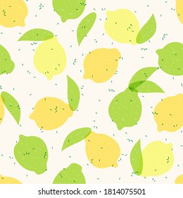 Seamless summer vector pattern with whole yellow lemons with leaves and polka dot. Tropical background in hand drawn cartoon style. Colorful citrus backdrop for textile, fabric, digital paper.