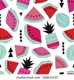 Seamless summer water melon and pineapple trendy bikini beach theme geometric illustration background pattern in vector
