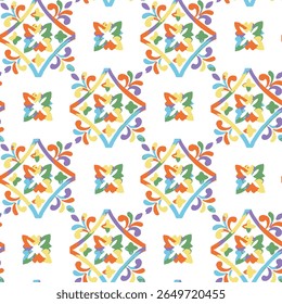 Nahtloses Sommer Aquarell Fliesenmuster. Grunge Vintage-Textur. buntes Fliesenmosaik. Spanisches Porzellan. Keramisches Geschirr, Volksaufdruck. 