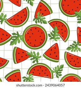 Seamless summer watermelon fruit pattern. Watermelon and leaves vector background. Flat design for textile print. Watermelon fruit Cartoon repeat vector illustration.