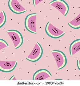 Seamless summer watermelon pattern. pink background. juicy pieces of watermelon and seeds. vector texture. trend print for textiles and wallpaper.