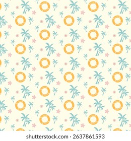 Seamless summer-themed pattern design with a fun and tropical vibe. The background is a soft cream color, and the pattern consists of repeating playful icons.