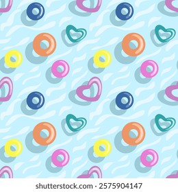 A seamless summer-themed pattern featuring colorful pool floats in circular and heart shapes on a light blue water wave background. Perfect for fabric, wallpaper, wrapping paper, and summer designs. 