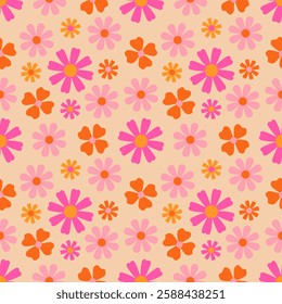 Seamless, summery, floral pattern with pink flowers on an orange background.