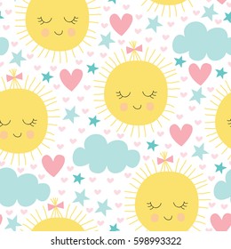 Seamless Sun And Clouds Pattern Vector Illustration