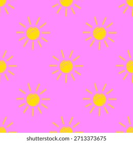 Seamless sun pattern crayon pencil hand drawn chalk doodle. Chalk cheerful sun in sketch style. Vector repeat illustration on pink background