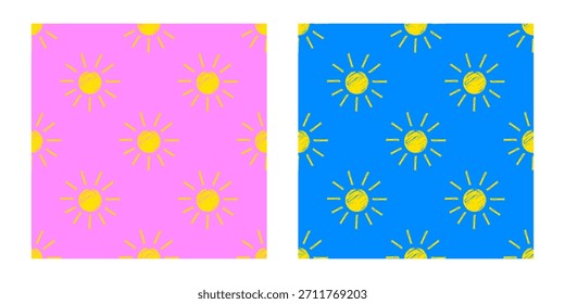 Nahtlose Sonnenmuster Stift auf Bleistift handgezeichnete Kreide doodle. Kreide Sonne Symbole in Skizze Stil. Vektorwiederholtextur auf rosafarbenem und blauem Hintergrund