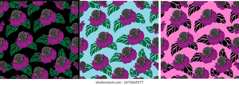 Seamless Sunflower Background Pattern.Beautiful, blossoming hand drawn flower on background. Line art wallpaper. Vector stock  illustration
