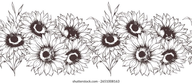 Seamless Sunflower Garland. Seamless Horizontal Sunflowers Background. Sunflower Line Art Drawing. Seamless Flower Design. Botanical garland seamless. Border Frame
