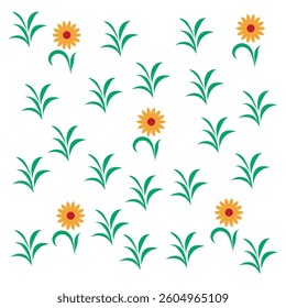 Seamless Sunflower and Leaf Pattern Vector, Green Leaves and Yellow Flowers, Floral Repeat Design on White Background
