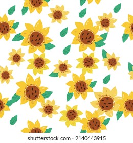 Seamless sunflower pattern design with hand drawn flowers. Summer decorative endless repeatable pattern with sunflower, vector illustration on white background.