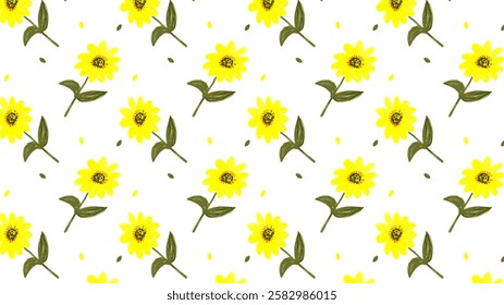 A seamless sunflower pattern featuring bright yellow flowers with green leaves on a white background. Ideal for textiles, wallpapers, and decorative designs.  