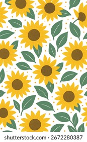 Seamless Sunflower Pattern with Green Leaves on White Background