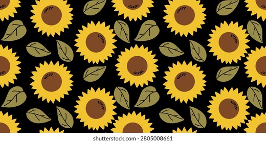 Seamless Sunflower Pattern on Black Background with Yellow Flowers and Green Leaves. Vibrant seamless pattern featuring bright yellow sunflower on black background for textiles, wallpapers, packaging, fashion, and digital backgrounds. Stylish botanical repeating pattern.