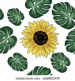 Seamless sunflower with tropical leaves pattern design. sunflower vector.