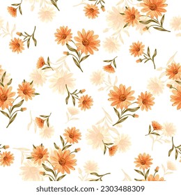 seamless sunflower vector pattern on white background. pretty orange daisy flowers. summer floral texture for wallpapers, textile, wrapping paper, fabric print, fashion design. 
