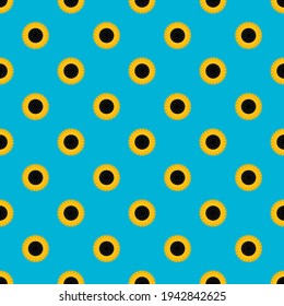 Seamless sunflower vector pattern. Repeat floral background with cute garden elements. Trendy ocean blue summer fashion print design. Modern illustration.