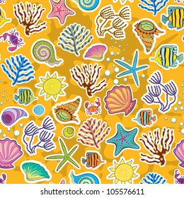 Seamless sunny background. The decor of the sea creatures, fish and seaweed. The symbol of the seas and oceans.