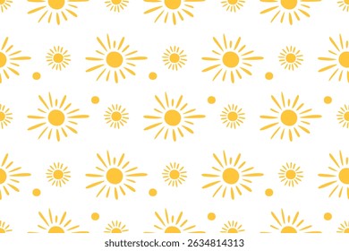 Patrón soleado sin fisuras. Fondo solar. San doodle dibujando bocetos de manos. Dibujo infantil. СElementos de Vector amarillo de dibujos animados sobre fondo blanco