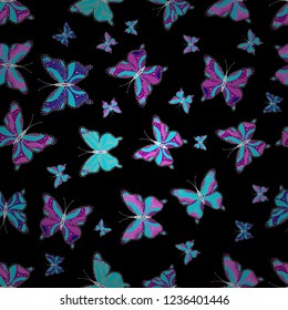 Seamless. Superb background for design of fabric, paper, wrappers and wallpaper. Vector illustration. Exotic animals. Blue, black and purple butterflies.
