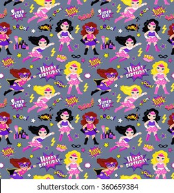 Seamless superhero girls background pattern in vector.