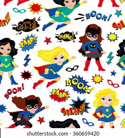 Seamless Superhero Girls Background Pattern In Vector.