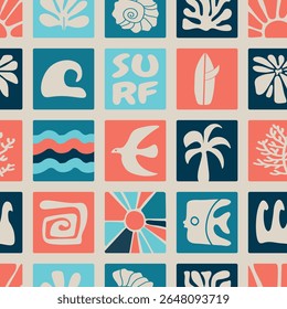 Seamless surf pattern in retro colors featuring bold graphic elements like palm trees, waves, sun, and surfboards. Perfect for summer designs, textiles, and beach-themed projects.