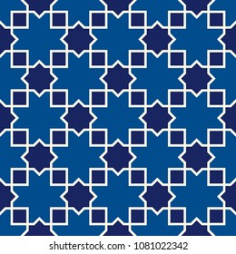 Seamless surface design with arabic ornament. Moroccan stars and crosses motif. Oriental traditional pattern with repeated mosaic tile. Tracery window wallpaper. Arabesque digital paper, textile print