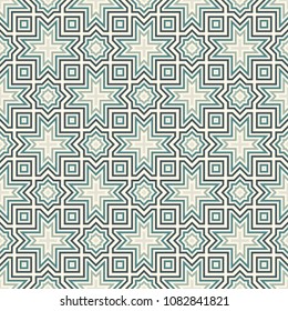 Seamless surface design with arabic ornament. Moroccan stars and crosses motif. Oriental traditional pattern with repeated mosaic tile. Tracery window wallpaper. Arabesque digital paper, textile print